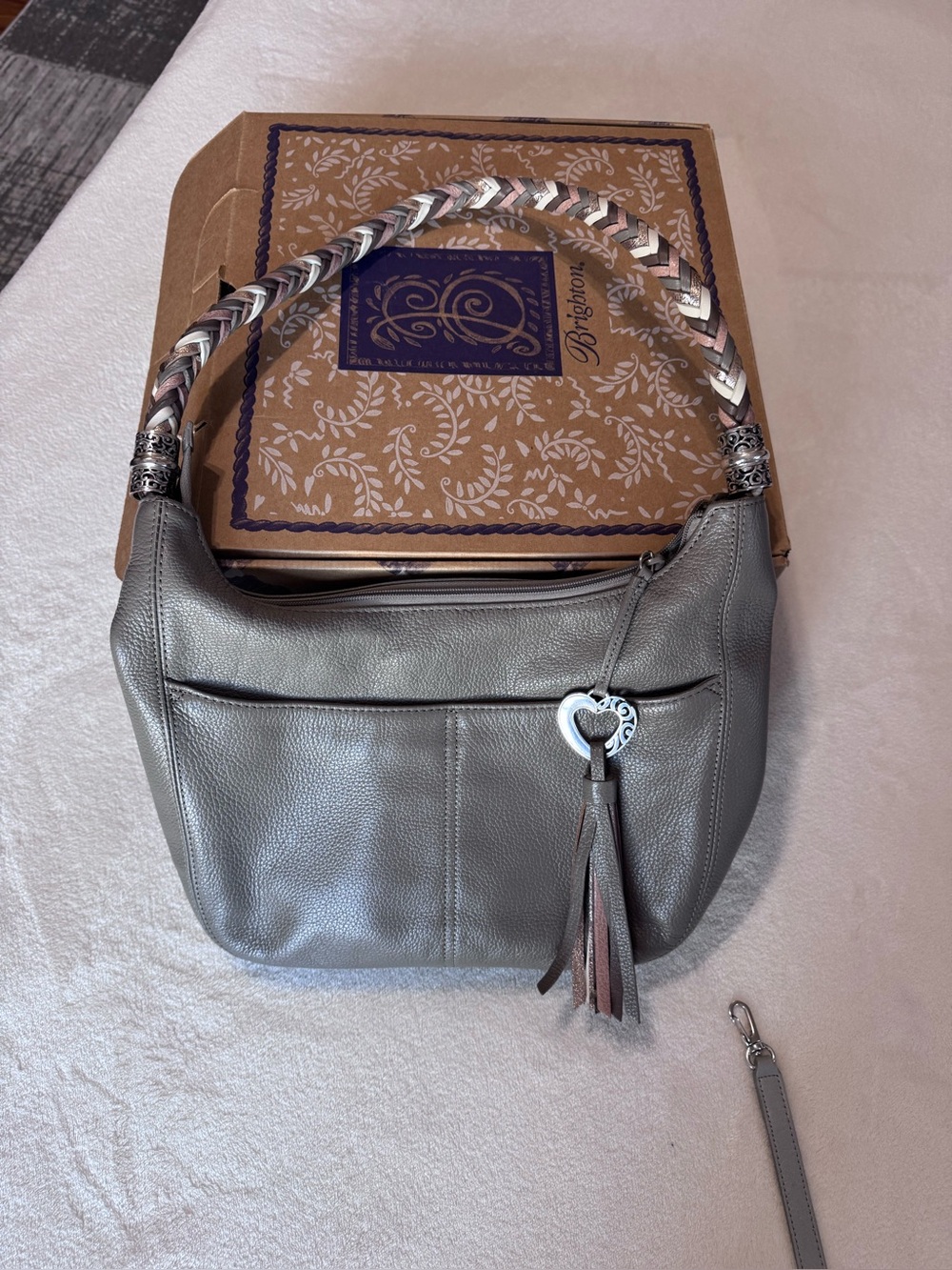 Brighton Silver-Gray Leather Shoulder Bag with Braided Handle and Heart Tassel